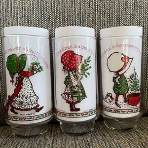 3 Vintage 80s Holly Hobbie Drinking Glasses Christmas Holidays